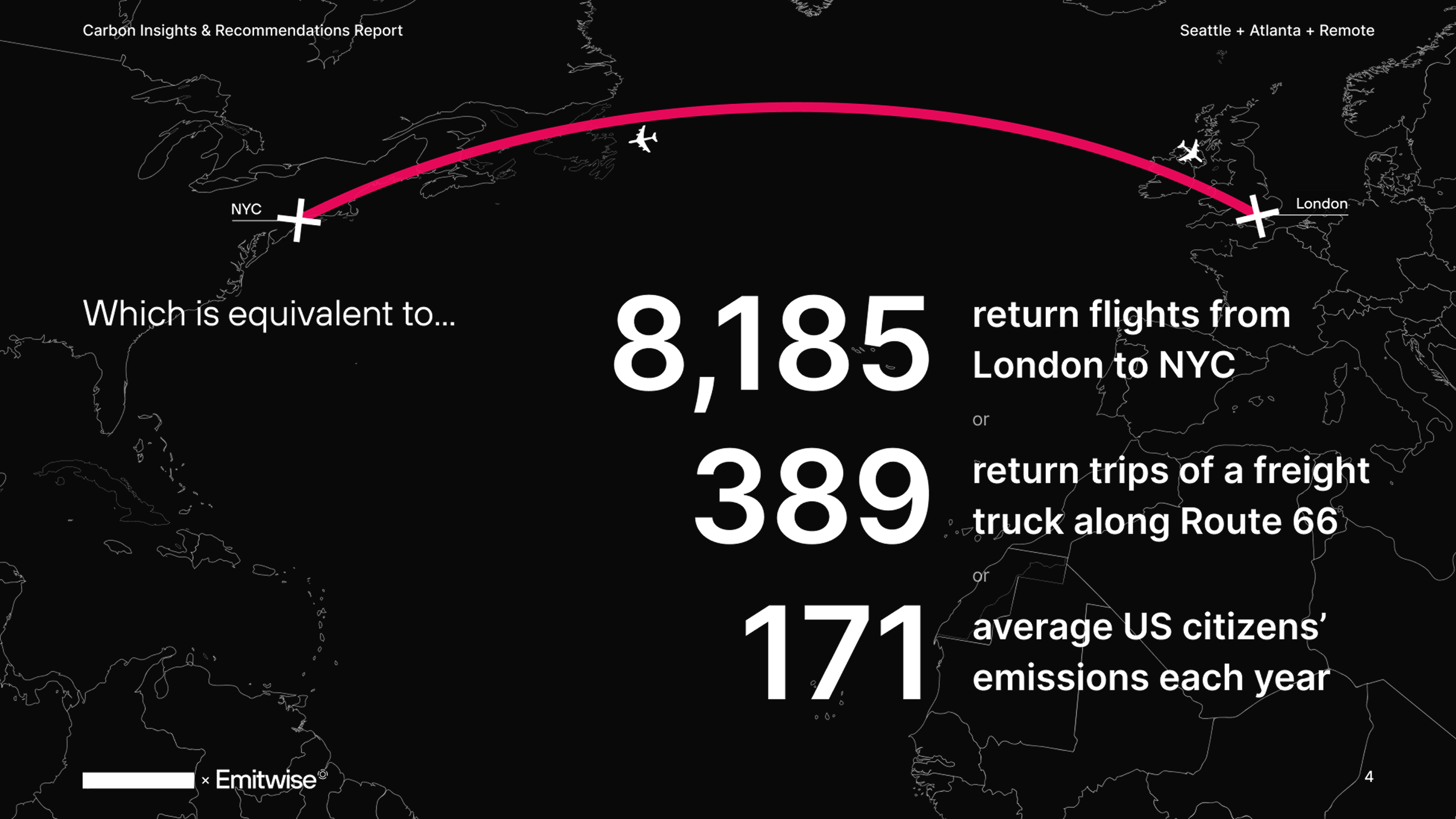 Carbon Insights and Recommendations Report slide with world map arc from London to NYC and emissions equivalents
