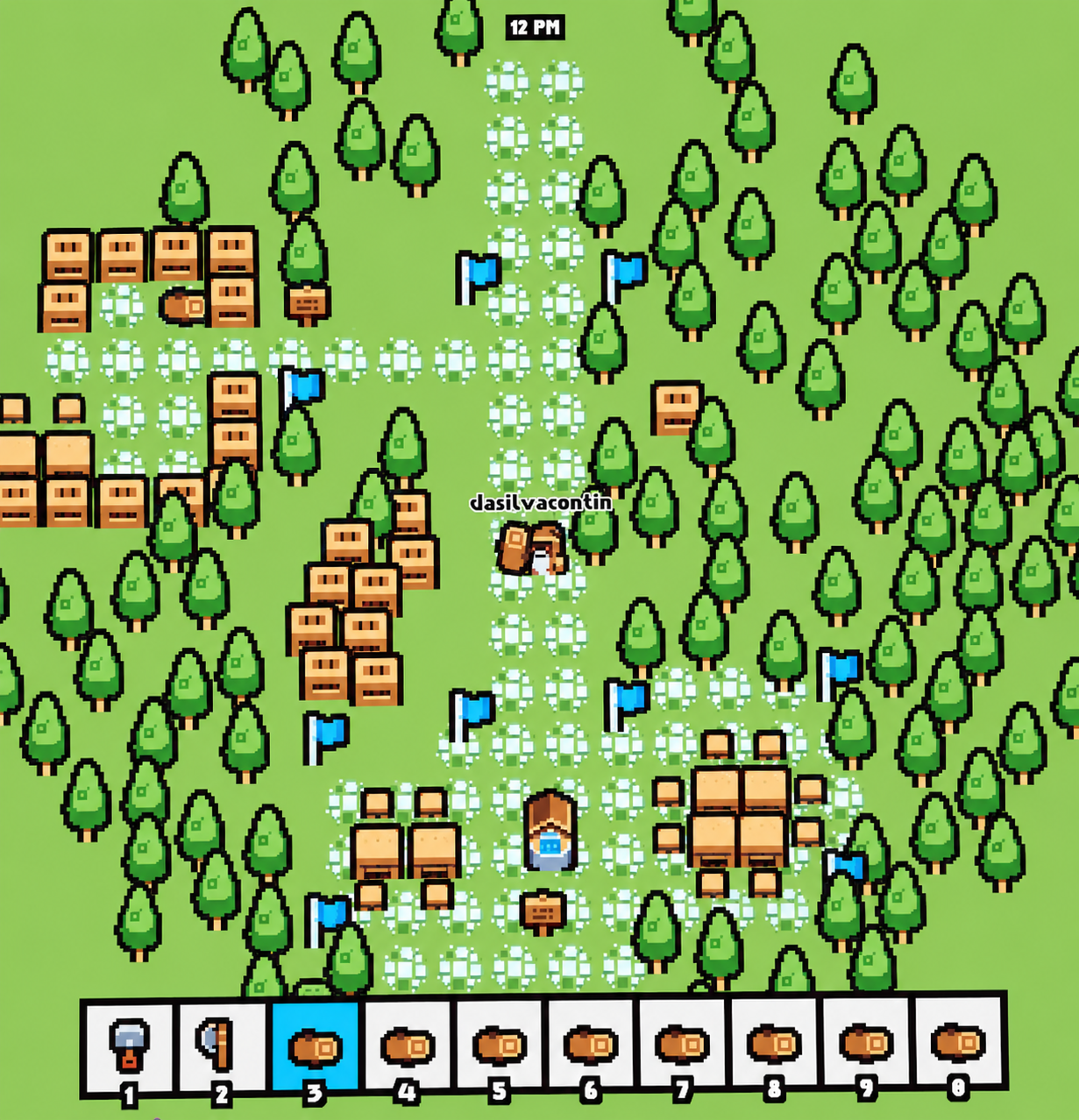 Top-down pixel art MMO game with forest map, player character, inventory bar, and day-night clock