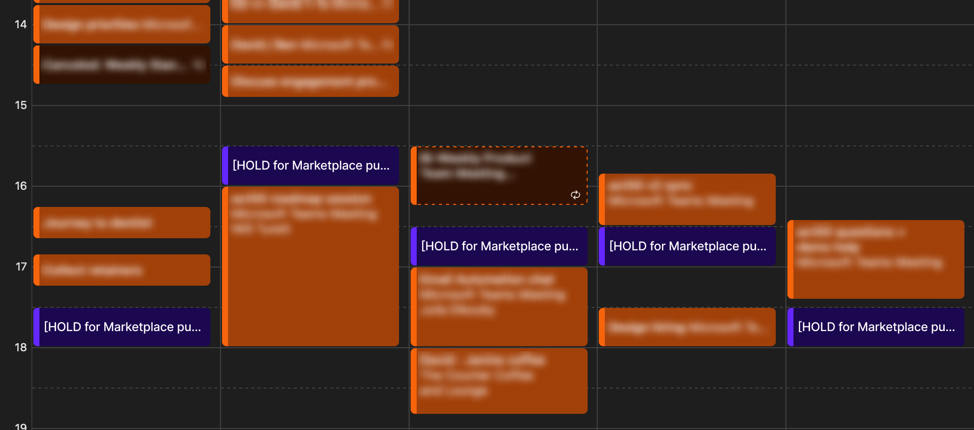 Google Calendar week view showing daily holds blocking time across the whole week for design sync