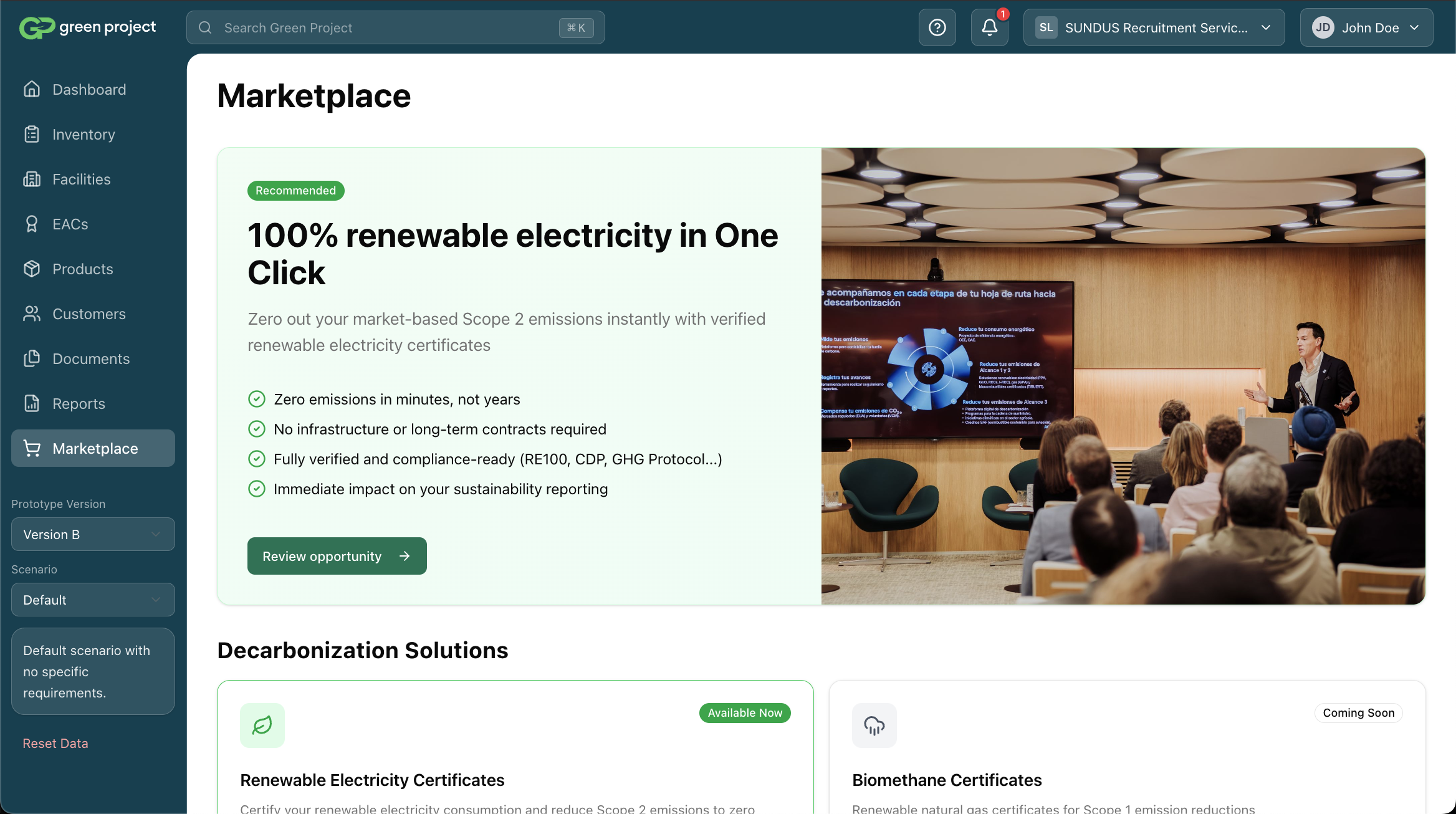 The v2 Marketplace page showing commodity cards for different decarbonization products