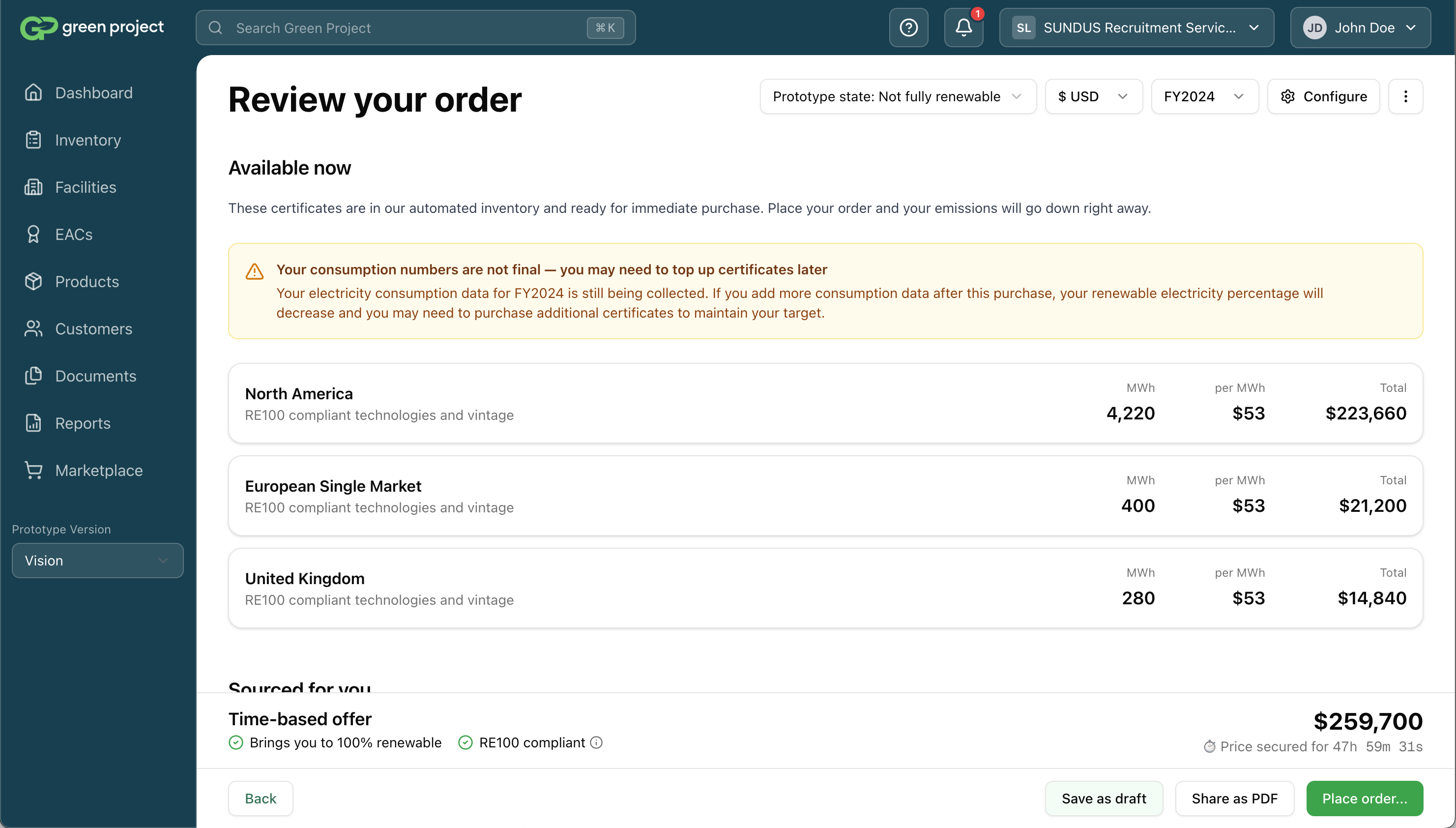 Review your order screen from the v2 marketplace prototype